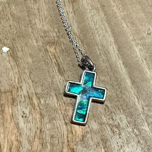 Silver Cross Pendant Necklace with Blue Inlay
